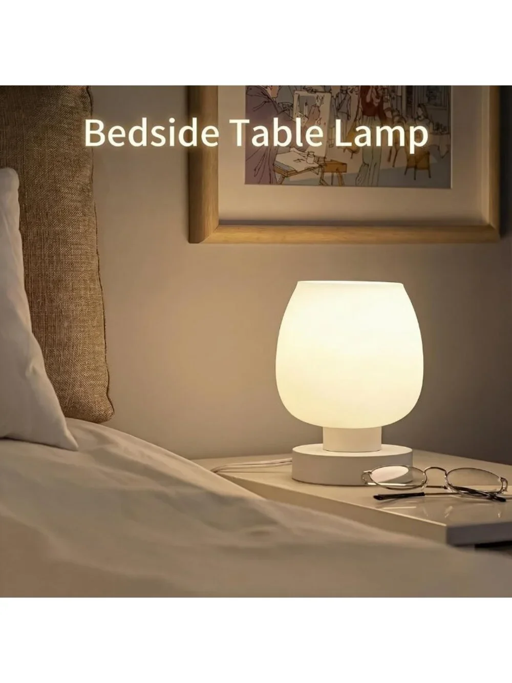 Dimmable Touch Control Bedside Lamp, 600 Lumen, Compact Nightstand Light, Modern